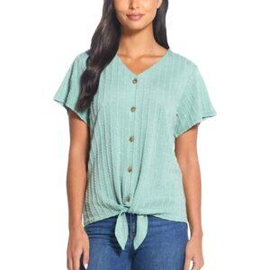 Weatherproof Vintage | Green Button Down Tie Front V-Neck Blouse Tee | L